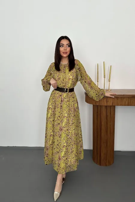 Toptan Yeşil Fırfırlı Şifon Elbise