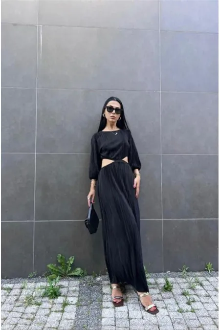 Toptan Siyah Piliseli Elbise