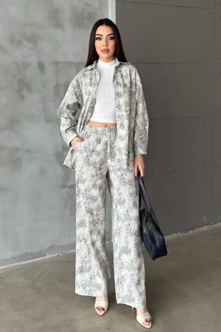 Ensemble veste et pantalon en lin gris à motif léopard en gros