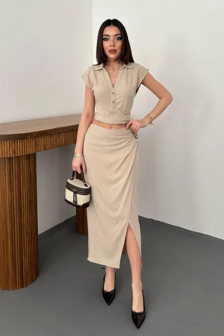 Toptan Vizon Keten Gömlek Ve Etek Takım