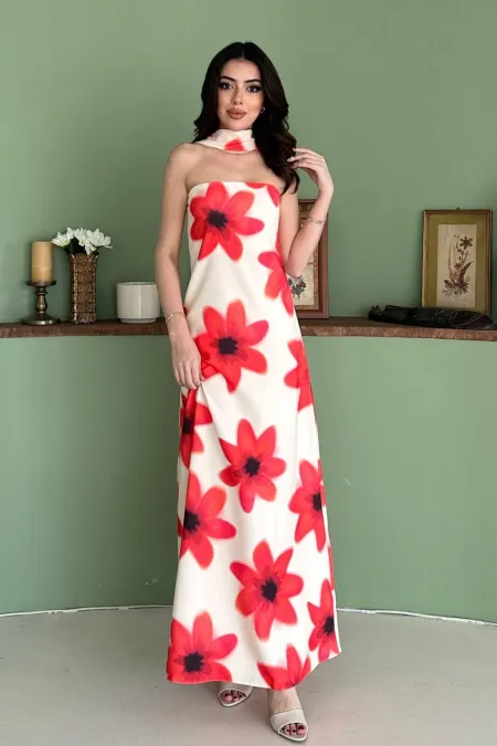 Toptan Sarı Boyundan Fularlı Elbise