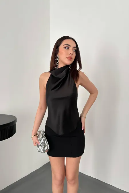 Toptan Siyah Degaje Saten Bluz