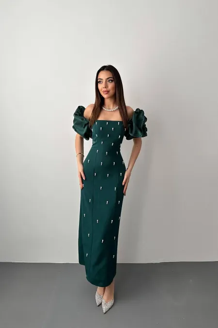 Robe à manches brodées d'émeraude en gros