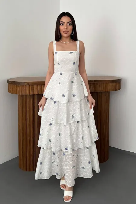 Toptan Lila Çiçek Desenli Kat Kat Arkası Bağlamalı Elbise