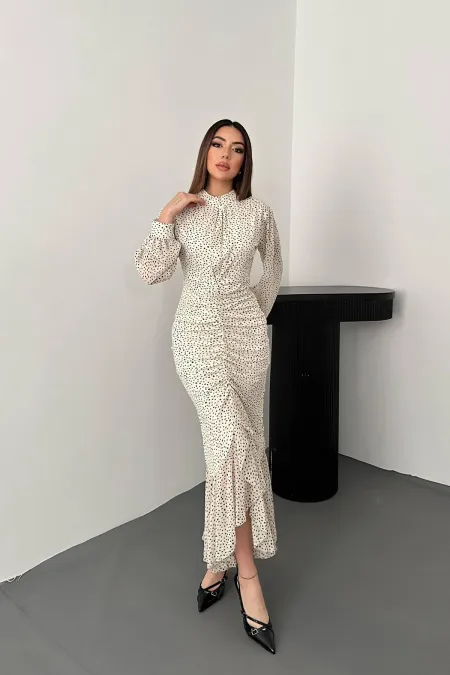 Toptan Bej Balık Şifon Elbise