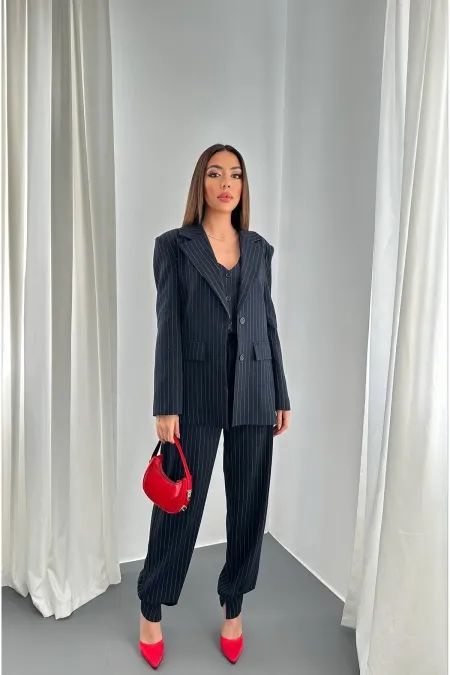 Toptan Lacivert Çizgili Üçlü Takım
