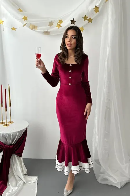 Toptan Bordo Alt Eteği Volanlı Kadife Elbise