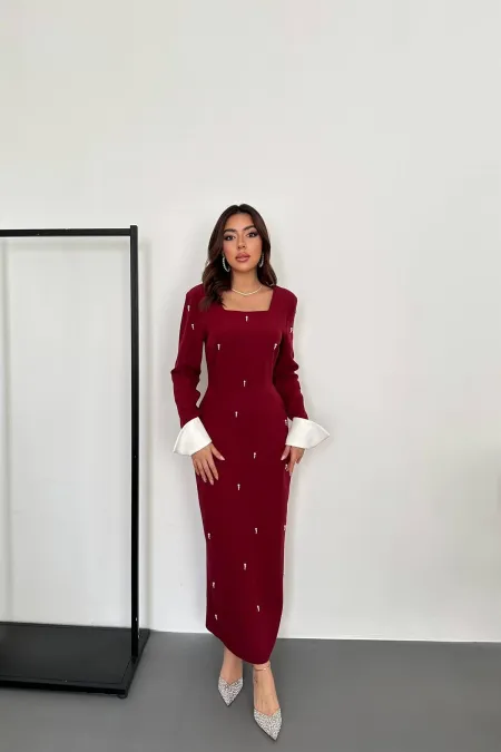 Toptan Bordo İşlemeli Atlas Elbise