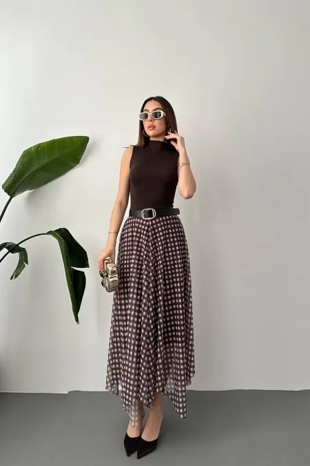 Toptan Kahverengi Ekose Desen Tül Etek