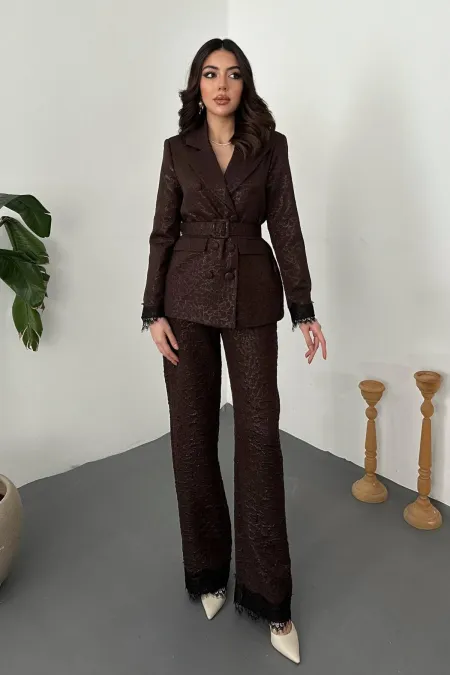 Toptan Kahverengi Kolları Dantelli Takım