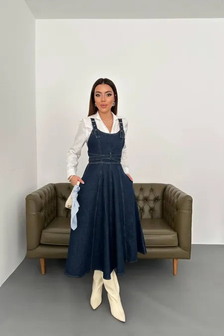 Toptan Mavi Midi Boy Bantlı Kot Elbise