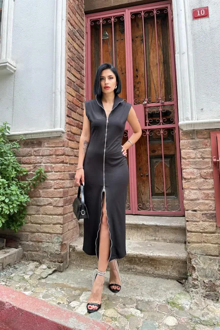 Robe noire sans manches avec fermeture éclair complète, vente en gros