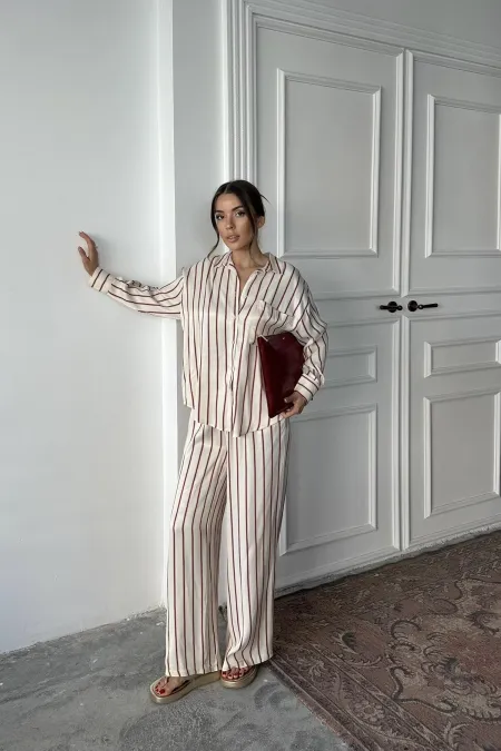 Toptan Bordo Çizgili Saten Takım