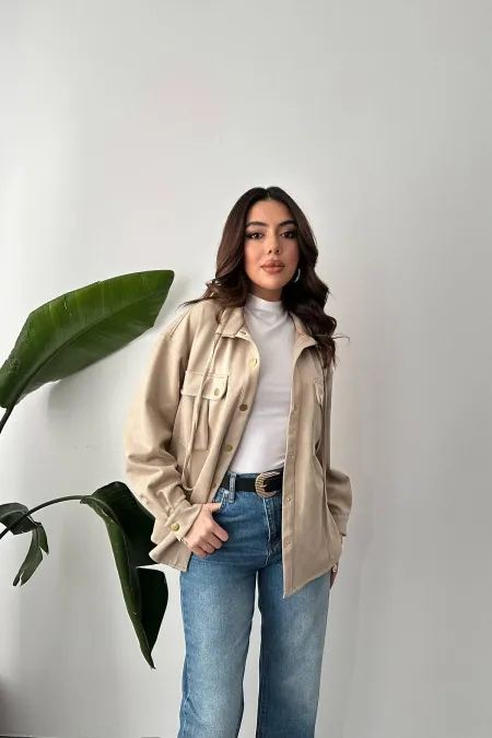 Chemise en daim beige à boutons-pression en gros