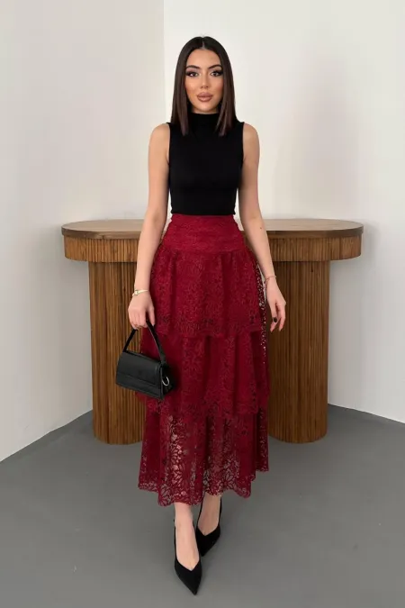 Toptan Bordo Dantelli Kat Kat Etek