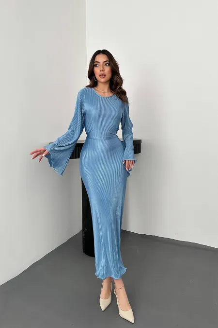 Robe plissée bleue à manches espagnoles en gros
