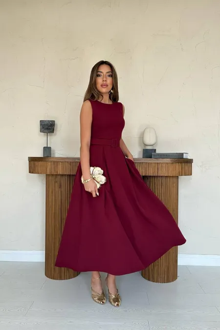 Toptan Bordo Halter Yaka Kloş Elbise