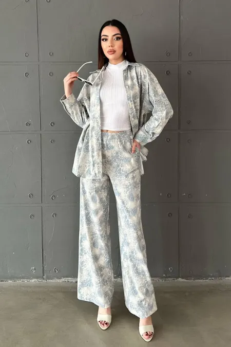 Ensemble veste et pantalon en lin à motif léopard bleu en gros