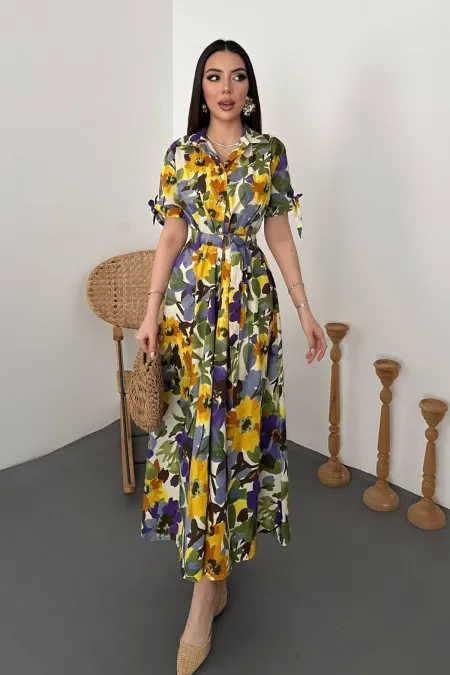 Toptan Mavi Desenli Uzun Pileli Elbise