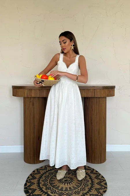 Toptan Ekru Dantel Detaylı Askılı Elbise