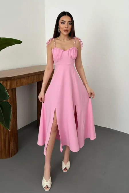 Toptan Pembe Yırtmaçlı Göğüs Kuplu Atlas Elbise