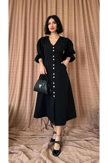 Robe boutonnée teinte en lin noir flammé en gros