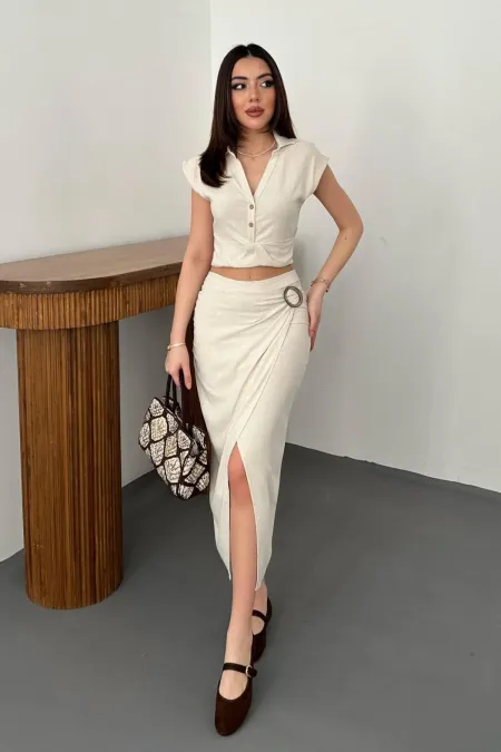 Toptan Bej Keten Gömlek Ve Etek Takım