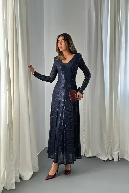 Toptan Lacivert Sırt Dekolteli Pulpayet Elbise