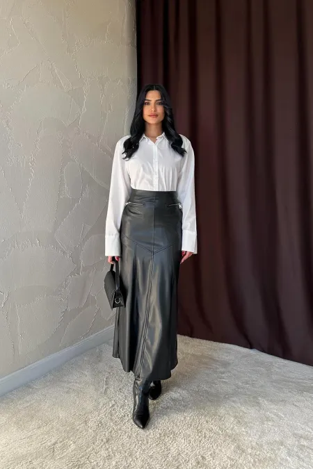 Toptan Siyah Fermuar Detaylı Deri Etek