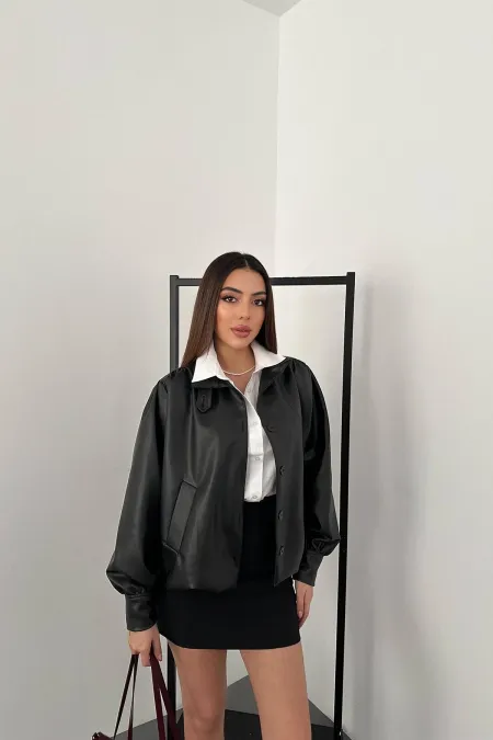 Toptan Siyah Düğmeli Deri Ceket