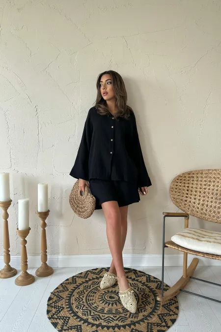 Ensemble chemise noire et short en mousseline en gros