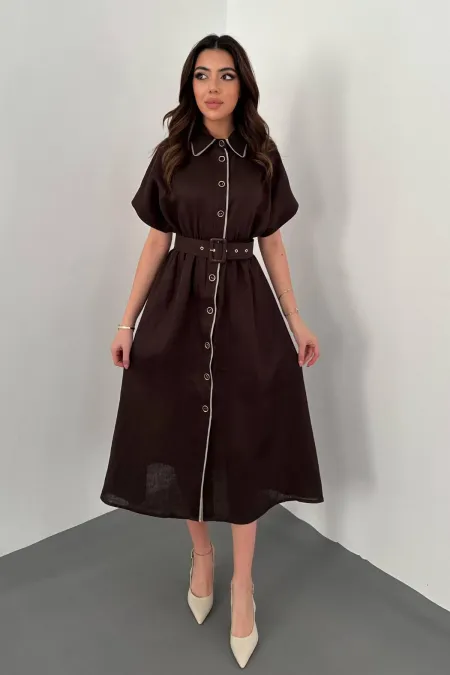 Toptan Kahverengi Gömlek Elbise