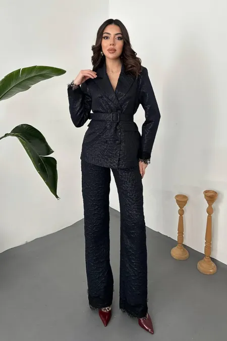 Toptan Lacivert Kolları Dantelli Takım