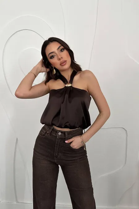 Toptan Kahverengi Toka Detaylı Bluz