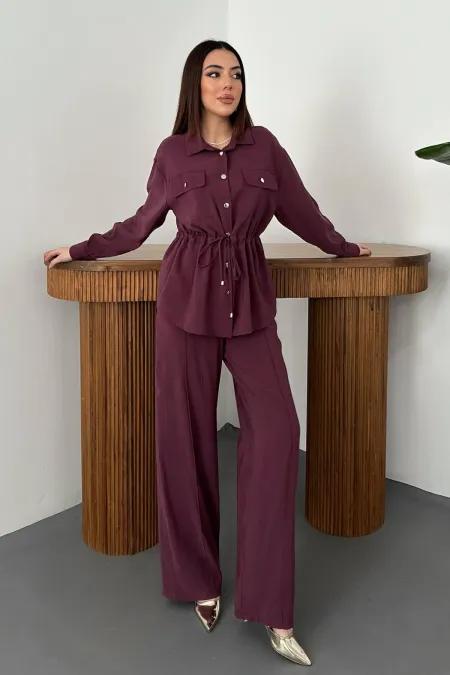Toptan Mürdüm Düğme Detaylı Gömlek Ve Nervürlü Pantolon Takım