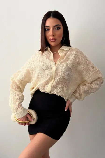Toptan Bej Nakışlı Oversıze Gömlek