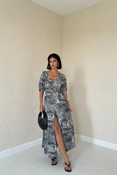 Robe kaki boutonnée à col en cœur en gros