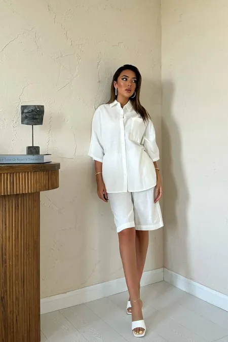 Ensemble chemise et short en lin écru à manches courtes en gros