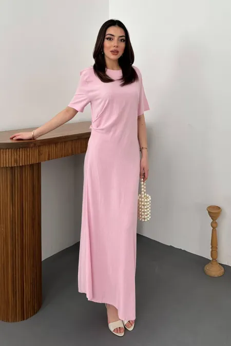 Toptan Pudra Pileli Bisiklet Yaka Elbise