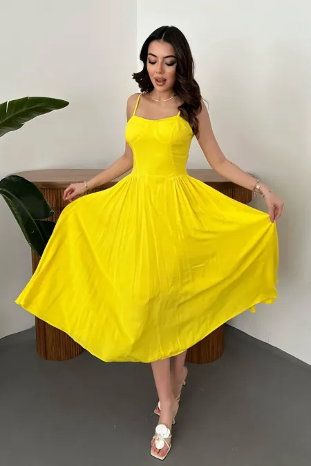 Toptan Sarı Göğüs Kuplu Uzun Büzgülü Elbise