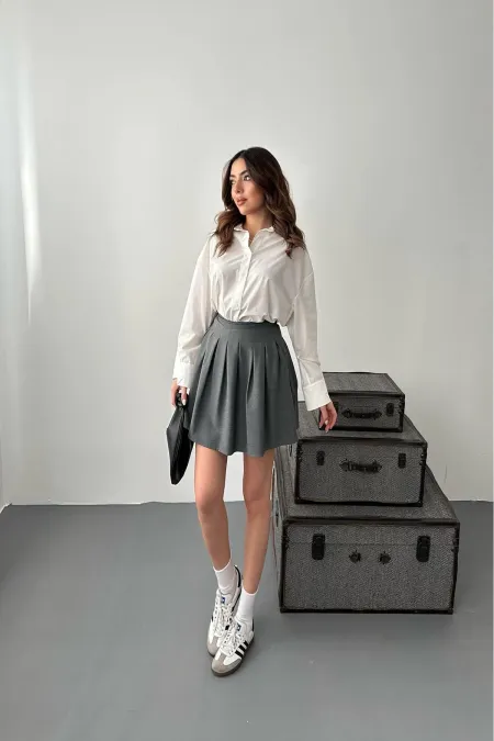 Toptan Gri Pilikaşe Mini Etek