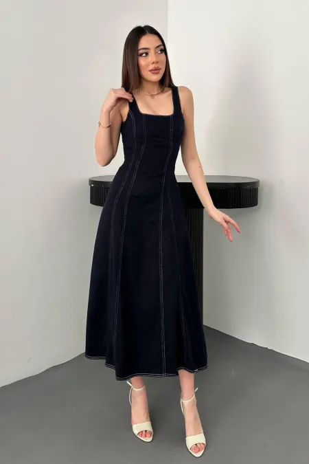 Toptan Lacivert Çift Dikişli Gabardin Elbise