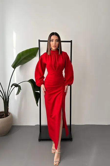 Robe fendue à jupe plissée rouge en gros