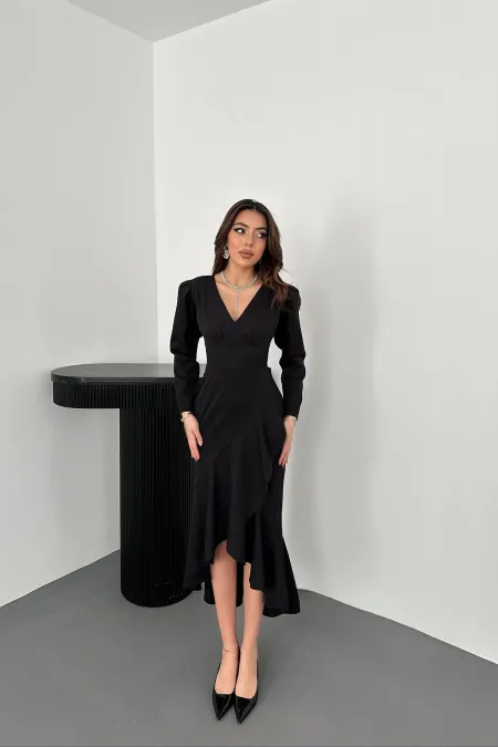 Robe Atlas noire à volants en gros