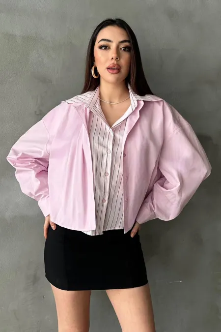 Toptan Pembe Çizgi Garnili Oversıze Gömlek