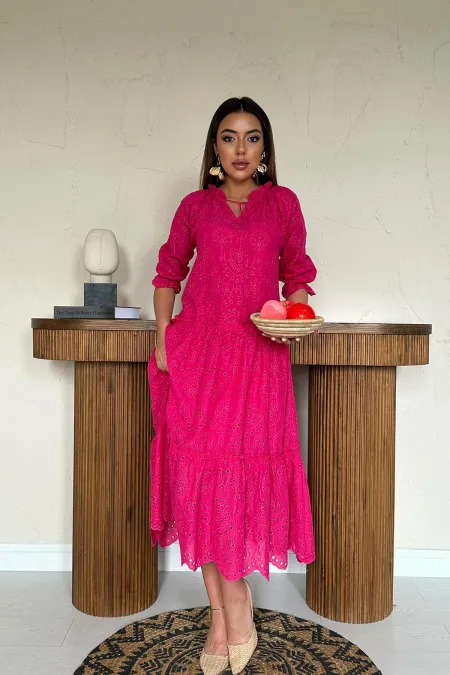 Toptan Fuşya Dantelli New Elbise