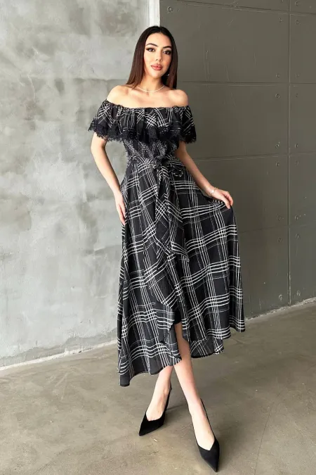 Toptan Lacivert Ekoseli Dantelli Elbise