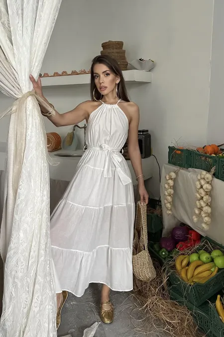 Toptan Ekru Halter Yakalı Kuşaklı Elbise