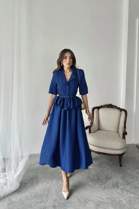 Ensemble veste à volants fine et jupe froncée bleu marine en gros