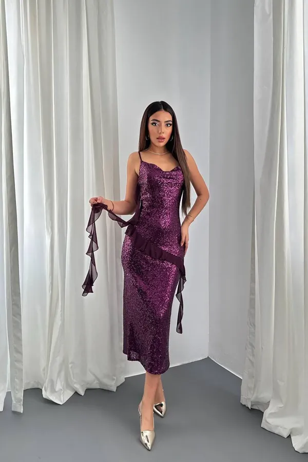 Robe à volants en mousseline à sequins violette en gros